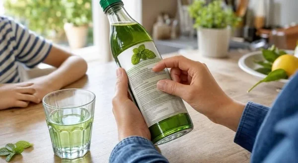 Personne en chemise en denim tenant une bouteille verte de sirop de menthe et lisant l'étiquette au dos, avec un verre de boisson vert pâle et des feuilles de menthe sur une table en bois