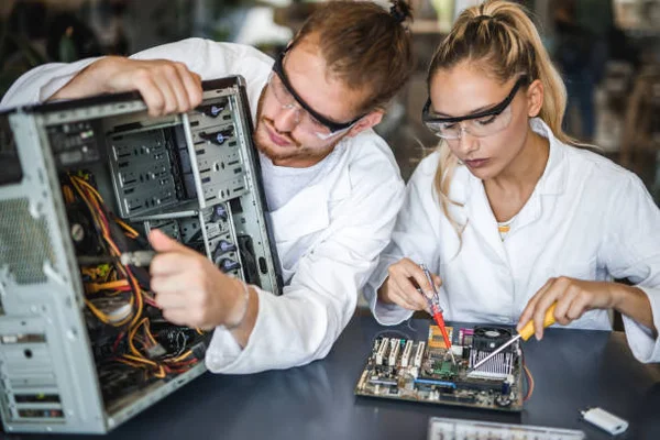 Des étudiants en train de réparer des pièces d'ordinateur dans un laboratoire informatique