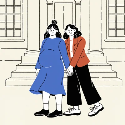 Illustration de deux femmes se tenant par la main sur les marches d'une mairie, dont l'une est enceinte, pour évoquer le mariage, la PMA et la famille homoparentale.