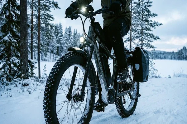 Un cycliste en équipement d'hiver roulant sur un vélo électrique fat bike aux larges pneus enneigés sur un chemin damé au milieu d'une forêt enneigée