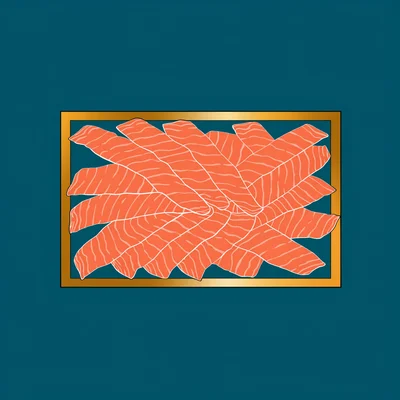 Illustration vue de dessus de fines tranches de saumon fumé orange rosé disposées bien à plat sur une semelle rigide dorée, centrée sur fond uni bleu-vert.