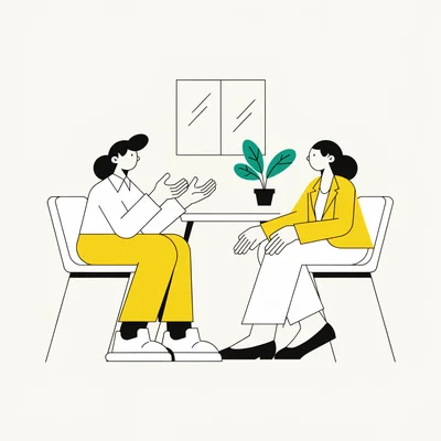 Illustration d’un jeune candidat et d’une recruteuse assis face à face autour d’une petite table d’entretien dans un bureau épuré, le candidat écartant les mains pour illustrer une fourchette salariale pendant que la recruteuse l’écoute attentivement.