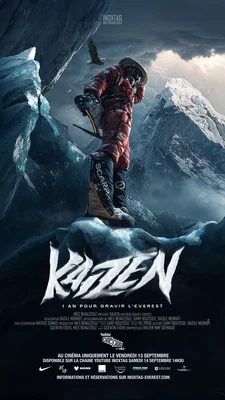 Affiche du film documentaire Kaizen - 1 an pour gravir l'Everest sorti au cinéma en 2024, symbole du passage d'un créateur YouTube au grand écran