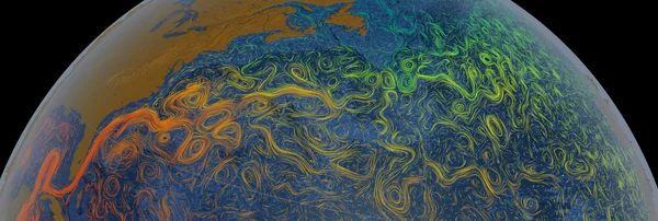 Visualisation scientifique de la NASA du globe terrestre montrant les courants de surface de l'Atlantique Nord, avec le Gulf Stream en tourbillons rouge-orangé se refroidissant en bleu-vert vers l'Europe