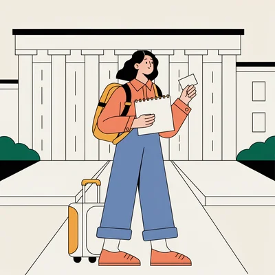 Illustration éditoriale d'une jeune étudiante avec sac à dos et valise tenant sa carte d'étudiante et une grande page de calendrier vierge, debout sur le parvis d'un bâtiment universitaire.