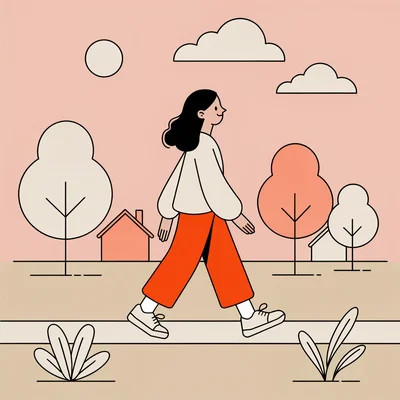 Illustration d’une femme en tenue décontractée marchant doucement dehors sur un trottoir en début de soirée, d’un pas détendu après le repas, avec des arbres et des maisons simplifiées en arrière-plan.