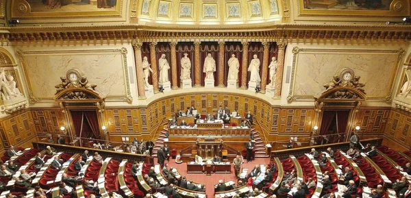Vue large de l'hémicycle du Sénat au palais du Luxembourg, avec boiseries sculptées, statues blanches en hauteur et sénateurs assis sur les rangées courbes rouges face à la tribune centrale