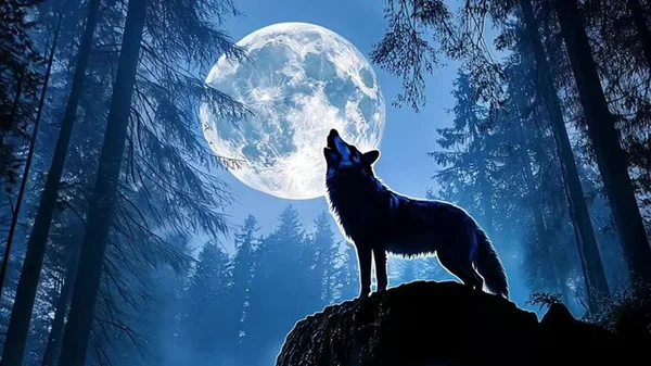 Illustration d'un loup hurlant à la pleine lune, dressé sur un rocher dans une forêt sombre et brumeuse la nuit