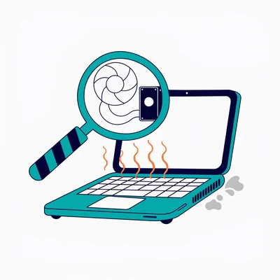 Illustration éditoriale plate d'un PC portable ouvert vu de trois quarts, avec des vagues de chaleur orange et de la poussière à la grille d'aération, examiné par une grande loupe qui révèle son ventilateur et son disque internes.