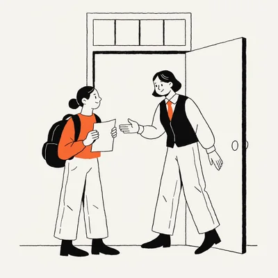 Illustration d’un élève de terminale avec sac à dos tenant sa demande de réinscription, accueilli par le proviseur à l’entrée de son lycée public.
