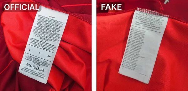 Gros plan comparatif de deux étiquettes cousues sur tissu rouge, l'une labellisée OFFICIAL pour un maillot Nike authentique et l'autre FAKE pour une contrefaçon