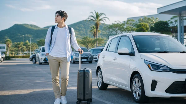 Un jeune voyageur en chemise bleue claire et pantalon beige tirant une valise à roulettes et portant un sac à dos, marchant vers une voiture compacte blanche sur le parking de location de l'aéroport de Jeju