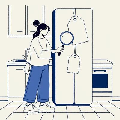 Illustration d'un jeune adulte qui inspecte à la loupe les étiquettes de prix d'un réfrigérateur dans une petite cuisine de premier appartement, avec placards et four en arrière-plan.