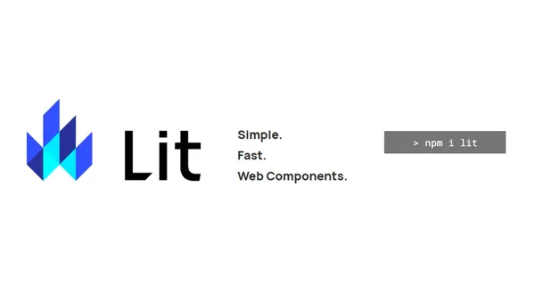 Visuel promotionnel de Lit affichant son logo géométrique bleu, le nom Lit, les slogans Simple. Fast. Web Components. et un extrait de commande npm install