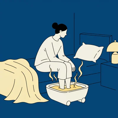 Illustration d'une personne assise au bord de son lit le soir, les deux pieds trempant dans une bassine d'eau chaude qui fume, dans une chambre tamisée à l'ambiance calme et cocooning.