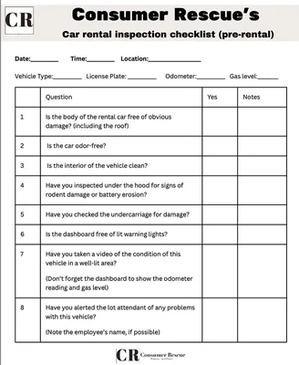 Formulaires imprimables de checklist d'inspection pour voiture de location permettant de vérifier l'état du véhicule avant de signer