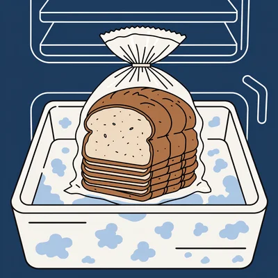 Illustration d'un pain maison en tranches conservé dans un sac de congélation hermétique sans air, rangé dans un tiroir de congélateur.