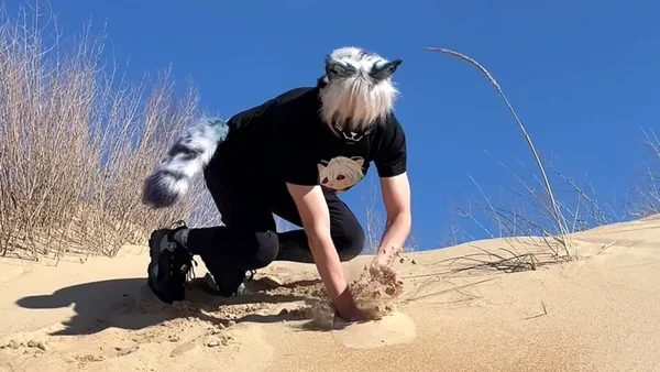 Personne en costume gris et blanc avec oreilles de chat et queue à genoux dans le sable du désert, creusant avec les deux mains sous un ciel bleu dégagé