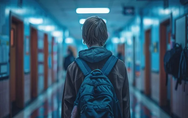 Adolescent aux cheveux courts en veste à capuche et sac à dos bleu, vu de dos, marchant seul dans un couloir d'école sombre éclairé de bleu, évoquant la solitude