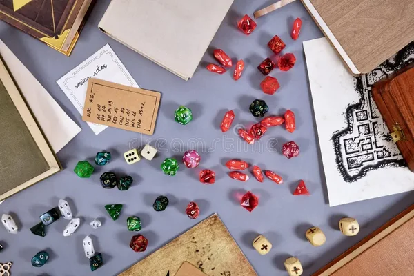 Vue plongeante d'une table de jeu de rôle avec dés, livre de règles, notes manuscrites et carte au trésor déployée