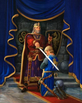Cérémonie d'adoubement médiéval où un roi pose son épée sur l'épaule d'un chevalier agenouillé, évoquant la légende du roi Arthur et Lancelot