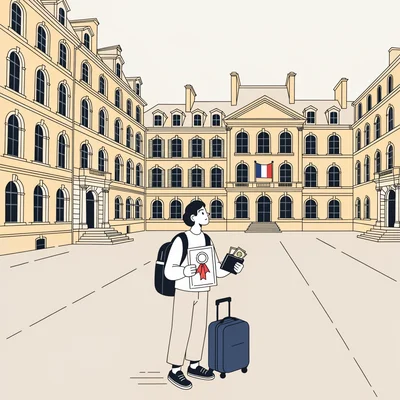 Un étudiant coréen se tient seul dans la cour vide d'une université française, une attestation de bourse scellée dans une main et un portefeuille contenant des billets et des pièces en euros dans l'autre, avec une valise à ses côtés. La scène illustre à la fois le coût des études, les bourses possibles et la place marginale de la France dans la mobilité étudiante coréenne.
