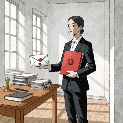 Illustration d'un jeune commissaire de justice en costume sombre dans une étude lumineuse, tenant une enveloppe de document officiel scellée et un dossier cacheté, devant un bureau en bois garni de dossiers juridiques, d'un tampon et d'un code de loi fermé.