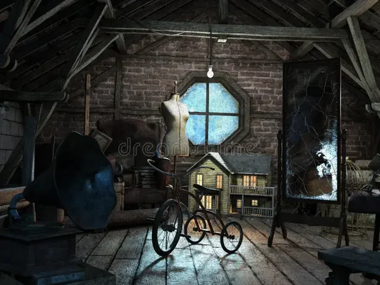 Illustration d'un vieux grenier lugubre et poussiéreux rempli d'objets oubliés : mannequin, gramophone, bicyclette et maison miniature, éclairé par une fenêtre centrale.
