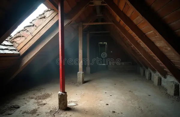 Intérieur d'un grenier sombre et poussiéreux dans une vieille maison, espace mansardé avec poutres en bois sous le toit et lumière venant d'une verrière.