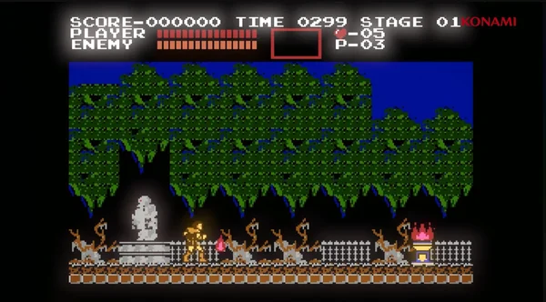 Capture d'écran du jeu Castlevania 8-bit montrant le personnage principal dans une cour de morts avec un HUD affichant le score, le temps et les barres de santé