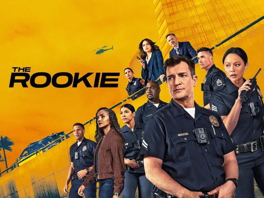 Affiche promotionnelle de la série 'The Rookie' saison 8 sur Prime Video, présentant des officiers et détectives de police sur un fond jaune stylisé avec un hélicoptère et des éléments de skyline urbaine.