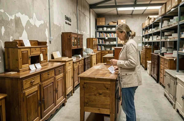Une femme examine un buffet en bois massif dans un entrepôt Emmaüs rempli de meubles d'occasion, entourée d'étagères de vaisselle et de placards.