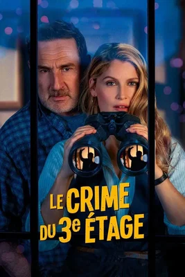 Affiche promotionnelle du film « Le Crime du 3e étage » : un homme et une femme observent à travers des jumelles dans lesquelles se dessine une silhouette.