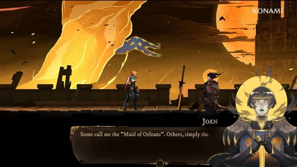 Capture d'écran de Castlevania: Belmont's Curse montrant le personnage Joan en armure avec une épée sur un pont face à un coucher de soleil dramatique avec un drapeau et une cathédrale en arrière-plan