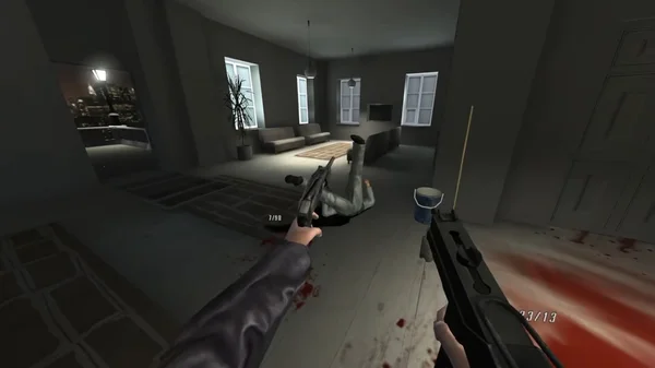 Capture d'écran du mod VR de Max Payne 2 : vue à la première personne, le joueur tient un pistolet et un fusil à pompe dans une pièce sombre, un corps gisant au sol.