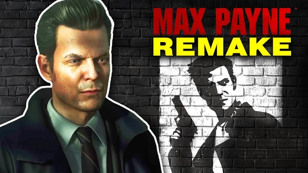 Visuel promotionnel du remake de Max Payne par Remedy : portrait réaliste d'un homme en blouson de cuir aux côtés d'une illustration stylisée en noir et blanc d'un homme armé devant un mur de briques.