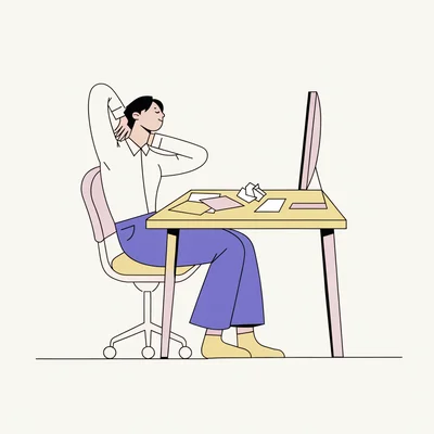 Illustration montrant une personne prenant une micro-pause de cinq minutes à son bureau, en train de s'étirer les épaules et le cou pour réduire la fatigue et retrouver de l'énergie, selon les principes décrits dans l'article.