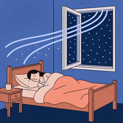 Illustration d'une femme endormie sous une couette épaisse dans une chambre fraîche en hiver, fenêtre grande ouverte sur la nuit enneigée laissant entrer l'air frais.