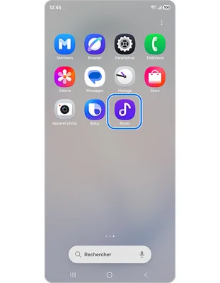 Capture d'écran de l'écran d'accueil d'un smartphone Samsung Galaxy affichant une grille d'icônes d'applications, l'icône de l'application Music étant entourée d'un cadre bleu de sélection.