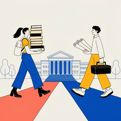 Illustration éditoriale montrant deux étudiants sur deux chemins qui convergent vers une même grande école : à gauche une étudiante avec une pile de livres pour la prépa, à droite un étudiant avec une caisse à outils pour le BTS.
