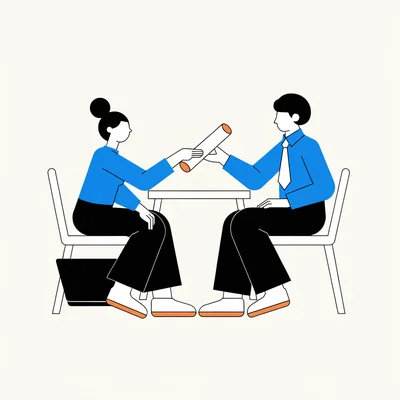 Illustration d’un entretien d’embauche où une jeune diplômée remet son diplôme de licence à un recruteur assis face à elle autour d’une table de bureau, son ordinateur portable posé à côté suggérant des études à distance.