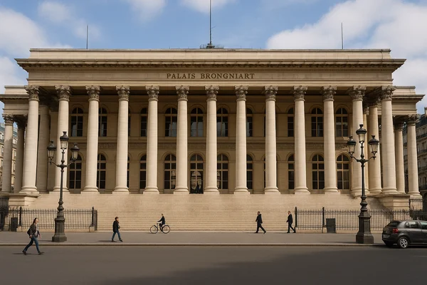 La façade à colonnade néoclassique du Palais Brongniart, ancienne Bourse de Paris, sous un ciel partiellement nuageux, avec des piétons, un cycliste et une voiture dans la rue au premier plan