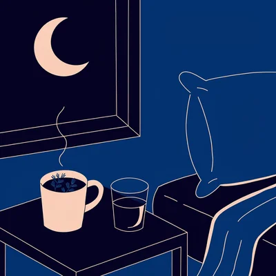 Illustration d’une table de chevet la nuit avec une tasse de tisane fumante et un petit verre d’eau posés côte à côte près d’un lit, devant une fenêtre bleu nuit avec un croissant de lune.