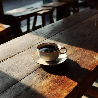 Tasse de café noir sur une soucoupe posée sur une table rustique en bois, baignée par la lumière du soleil matinal qui projette des ombres marquées sur le bois vieilli