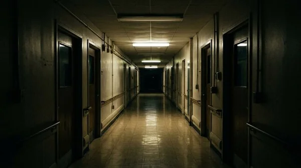 Bâtiment d'hôpital illuminé pendant la nuit, dans une ambiance sombre et mystérieuse