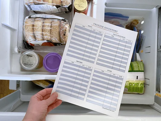Main tenant une liste imprimable d'inventaire du congélateur avec colonnes article, quantité et date devant un congélateur ouvert rempli de pains, bocaux et sachets d'aliments surgelés