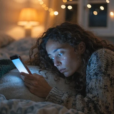 Jeune femme aux cheveux foncés bouclés en pull en maille épaisse, allongée dans un lit dans une pièce sombre, regardant attentivement son smartphone lumineux, lumières chaudes floues en arrière-plan