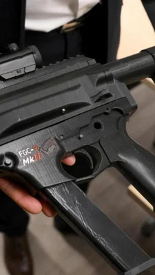 Gros plan sur une arme noire imprimée en 3D de type FGC-9 MkII saisie à Marseille, tenue en main, avec chargeur, pontet, carcasse et rail supérieur équipé d'un viseur