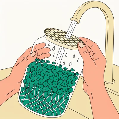 Illustration de mains propres rinçant un bocal en verre rempli de graines germées vertes sous un filet d'eau claire, eau s'égouttant par le couvercle, dans une cuisine lumineuse.