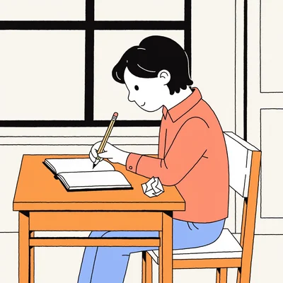 Illustration éditoriale d’un élève de primaire assis à un bureau d’école dans une salle de classe lumineuse, penché avec hésitation au-dessus d’un cahier vierge, un crayon en main et une boule de papier froissé à côté.